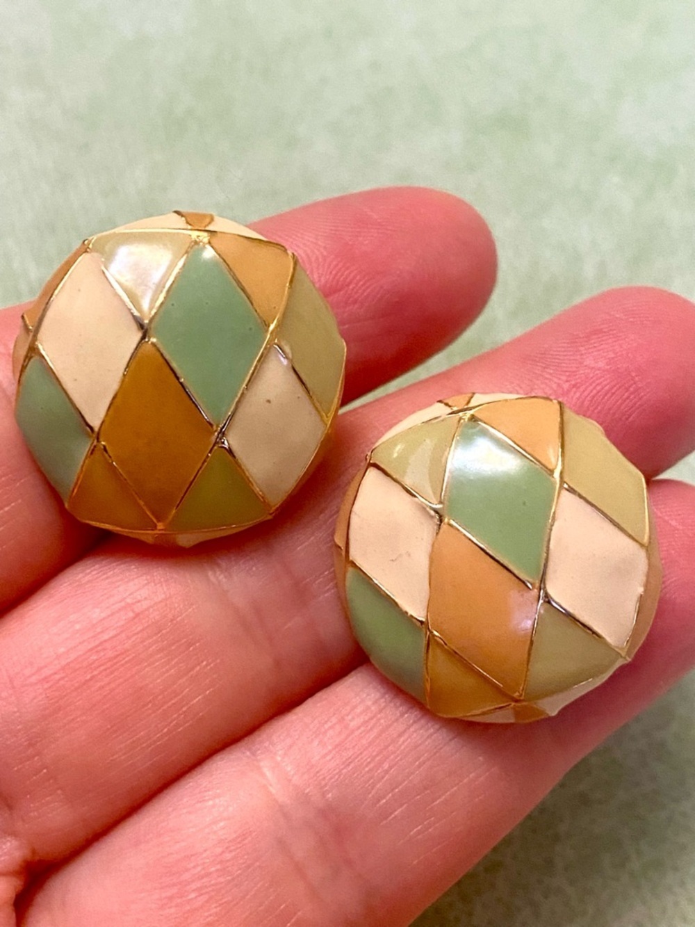 Vintage Harlequin Enamel Button Earrings in Green Peach Cream